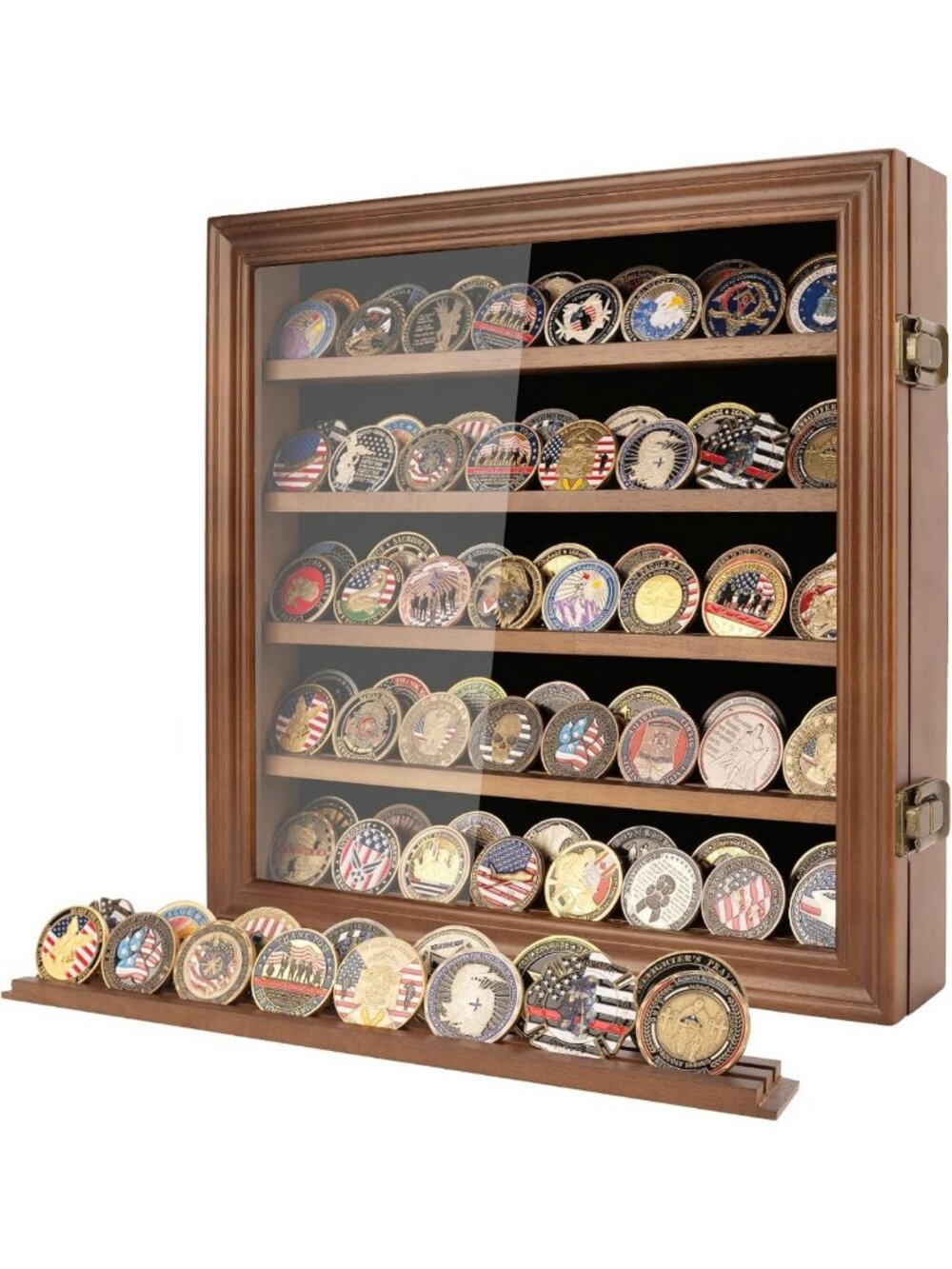 Military Challenge Coin Display Case with Toughened Glass & Wall Mount, Walnut
